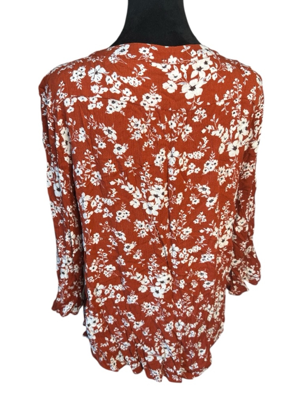 Monday Fun Dark Red / Rust Floral Crinkle Gauze Blouse – Boho Split Neck – Size - Picture 5 of 9